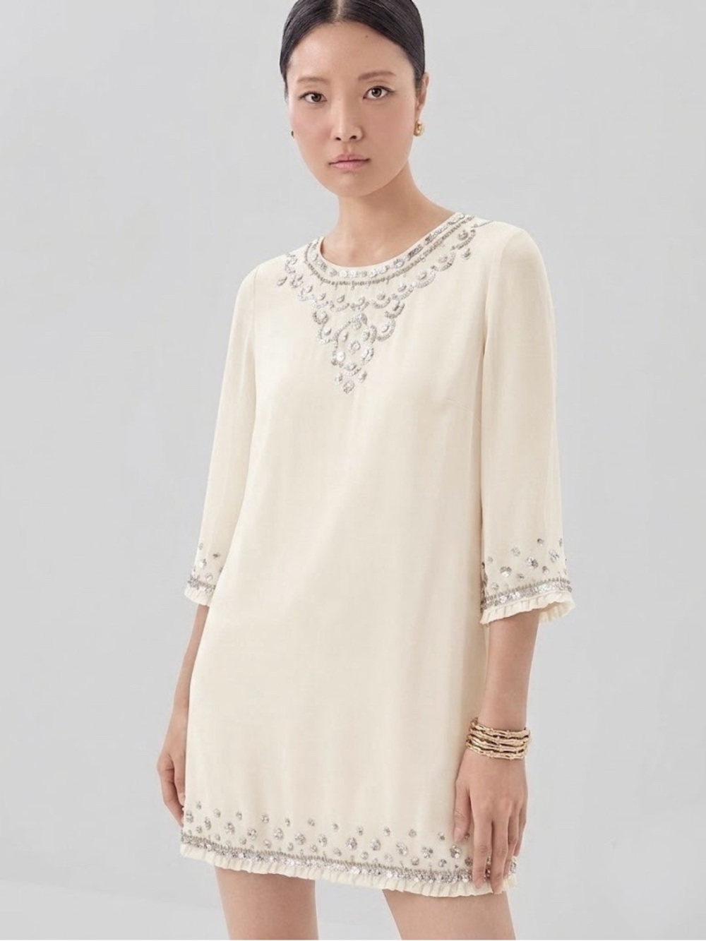 French Connection 6 S Ivory Silk Chiffon Sequin Cocktail Dress 3/4 Sleeve Bridal